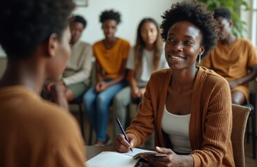 Obraz premium Black female therapist leads group session with diverse teenagers. She smiles, takes notes while young people listen attentively. Mental health support for youth.