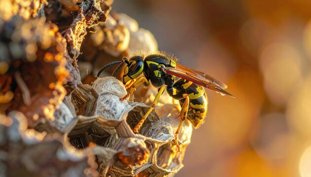 A European yellowjacket wasp meticulously constructing its paper nest, highlighting intricate architecture and wild insect behavior