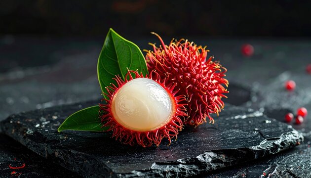 A freshly cut, bright red rambutan fruit revealing its juicy white interior on a dark stone surface with green leaves