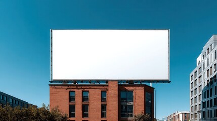 Obraz premium Empty Billboard on Brick Building Against Clear Blue Sky