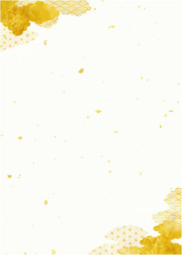 和風の金色豪華な和紙テクスチャと雲のの背景フレームイラスト（縦長サイズ）