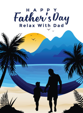 Father&rsquo;s Day Tropical Vacation Vector Illustration with Dad and Child Palm Beach Scene, Summer Family Holiday Travel Design Template