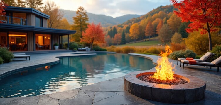 Modern house with swimming pool and fire pit overlooks colorful autumn mountains. Guests relax on chaise lounges next to heated water near luxury home backyard.