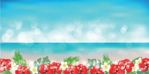 Naklejka premium Tropical Beach Scene with Hibiscus Flowers and Bokeh Effect