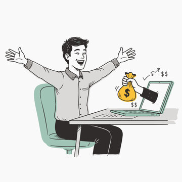Happy Businessman Winning Money Online with Laptop Illustration