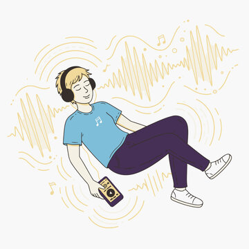 Young Man Listening to Music with Headphones and Smartphone Illustration
