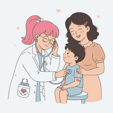 Cartoon Pediatrician Using Stethoscope to Examine Healthy Little Boy with Mother