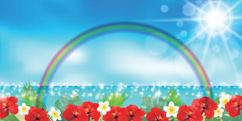 Tropical beach background with hibiscus flowers and rainbow © KUU