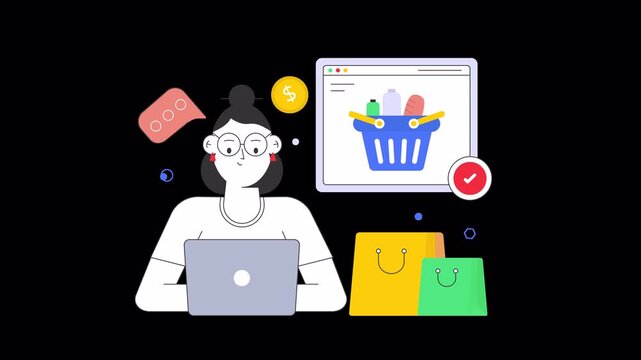 Flat vector illustration of a young woman shopping online using a laptop with store bags