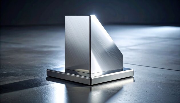 Polished Stainless Steel Geometric Form on Reflective Base with Sharp Edges and Clean Lines