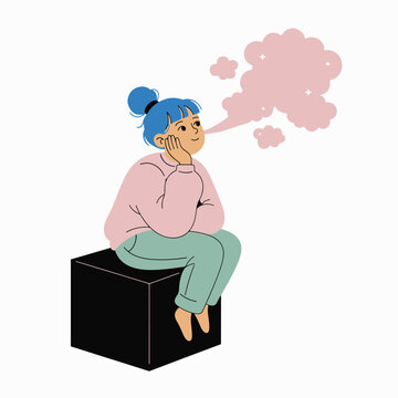 Young woman sitting and daydreaming with pink clouds coming out of her mouth illustration