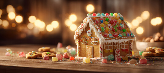 Fototapeta premium A gingerbread house with holiday lights in the background, a Christmas decoration, traditional homemade sweets, and a banner with copy space.