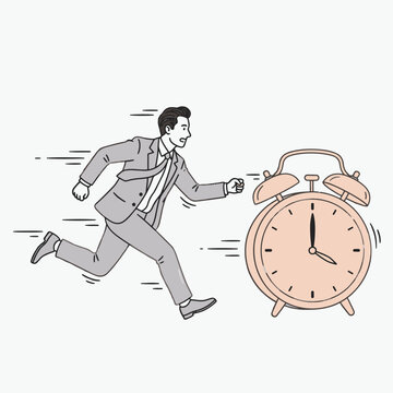 Businessman Running to Giant Alarm Clock for Time Management and Deadline