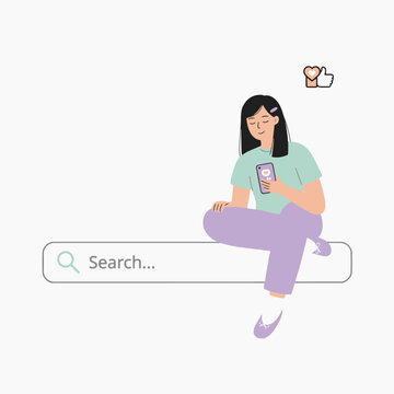 Young Woman Browsing Social Media on Phone Sitting on Search Bar Vector