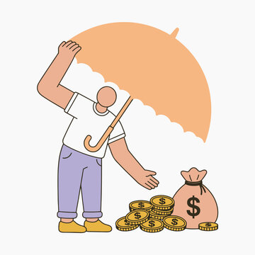 Financial insurance concept with character protecting money and gold coins