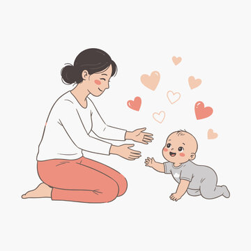 Happy Mother Reaching Out to Her Crawling Baby with Pink Love Hearts