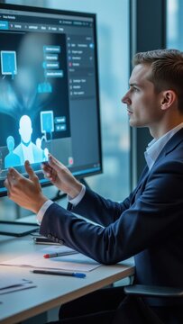 Man in a suit working at computer with digital graphics software, creating interactive graphics, using touch screen monitor and design software.