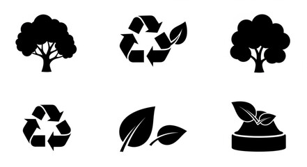 Obraz premium Collection of environmental icons including trees and recycling symbols.