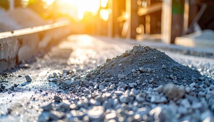 Naklejka premium Pile of gray aggregate material on a construction site with warm sunlight