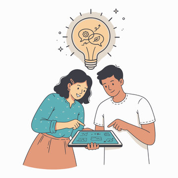 Couple brainstorming creative green technology ideas using digital tablet