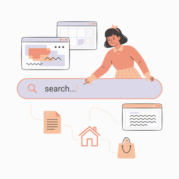 Young Girl Browsing Internet Using Search Bar and Web Browser Illustration