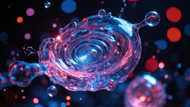 Water droplets refracting light, creating colorful rings against a black background.