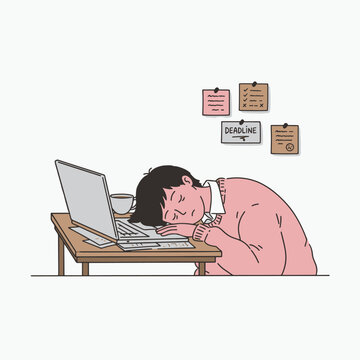 Tired Businessman Sleeping on Laptop Keyboard with Deadline Notes Background