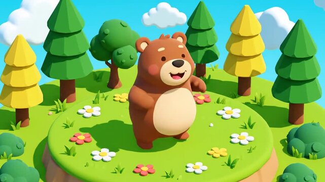 Cartoon bear in a playful forest scene