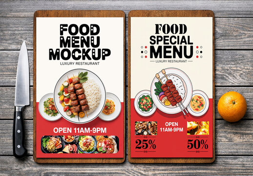 Restaurant menu mockup template on wooden table with food