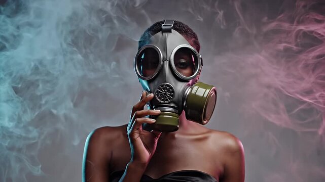 Woman Wearing Gas Mask with Pink and Blue Smoke Background Dramatic Lighting