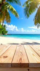 Fototapeta premium Wooden table foreground; beach/ocean in background