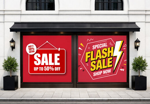 Retail storefront window mockup with bold sale promotion poster