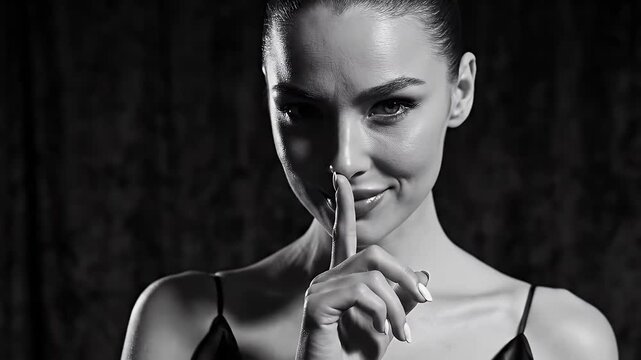 Black And White Close Up Portrait Of A Sweaty Woman With Finger On Lips And Dark Background