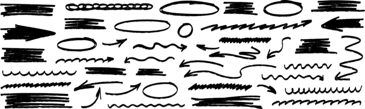 Loose hand drawn sketch, highlight flashes and marker touches return, arrow signs trace the wandering line with a clear underline.