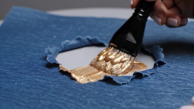 Close Up Of A Hand Applying Gold Paint To Blue Textured Material With Torn Center