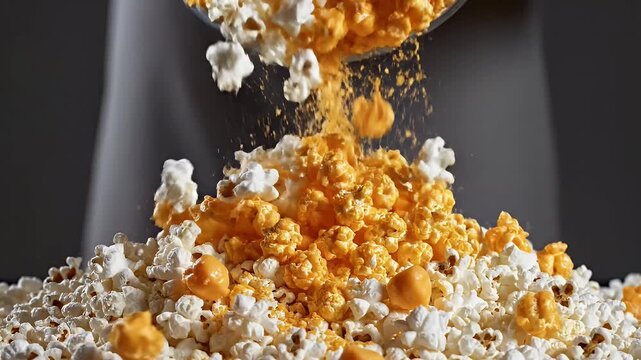 Close Up Pouring Cheese Flavored Popcorn Into White Popcorn Pile Studio Lighting