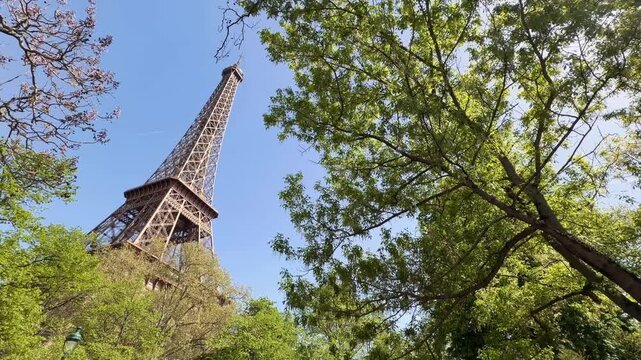 Eiffel Tower, a recognizable historical landmark, is rising high above lush green spring tree canopy with some pink blossoms under a clear blue sky, illustrating tourism and travel in Paris, France