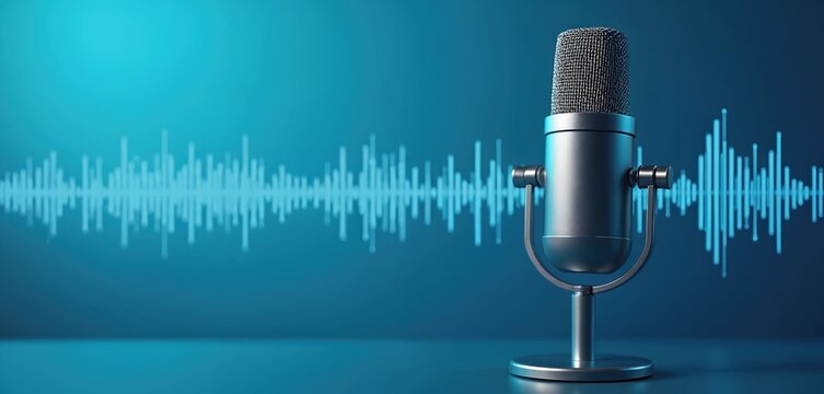 Professional condenser microphone sits on stand. Sound waves graphic displays audio signal. Clean studio background with copy space. Ideal for voice-overs podcasts and music production.