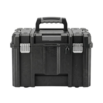 Heavy duty black plastic toolbox on transparent background