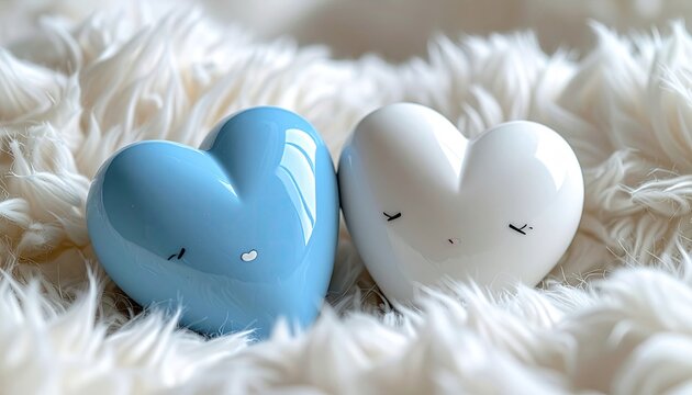 Blue & white heart figurines on fluffy white fur