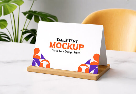 Table Tent Mockup with Wooden Base
