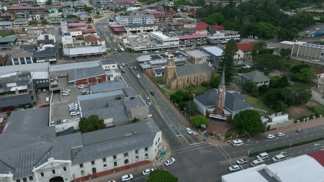 Aerial view of Dutch Reformed Church (N.G.Moedergemeente Mosselbaai) in Mossel Bay city center in South Africa.