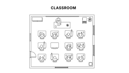 Plakat Top view architectural drawing of classroom with teacher and students at desks, school layout floor plan in clean minimal line illustration style