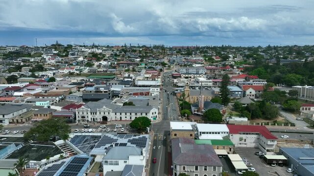 Aerial view of Mossel Bay city center with Dutch Reformed Church (N.G.Moedergemeente Mosselbaai), South Africa.
