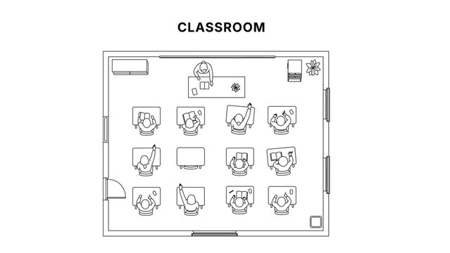 Top view architectural drawing of classroom with teacher and students at desks, school layout floor plan in clean minimal line illustration style

