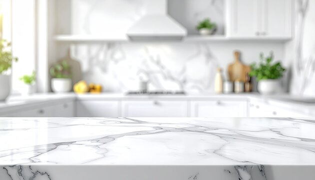 Focus on marble countertop, blurred clean kitchen background