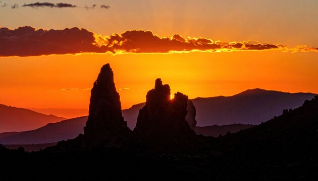 Dramatic sunset illuminates towering jagged volcanic rock formations against a vibrant orange sky