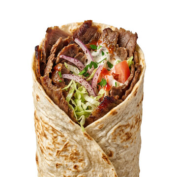 Beef doner kebab wrap with sauce and salad