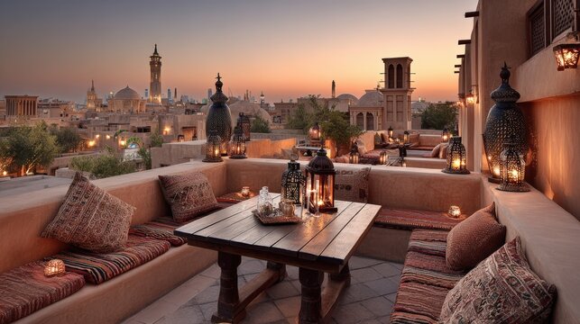 Rooftop terrace dining at warm sunset