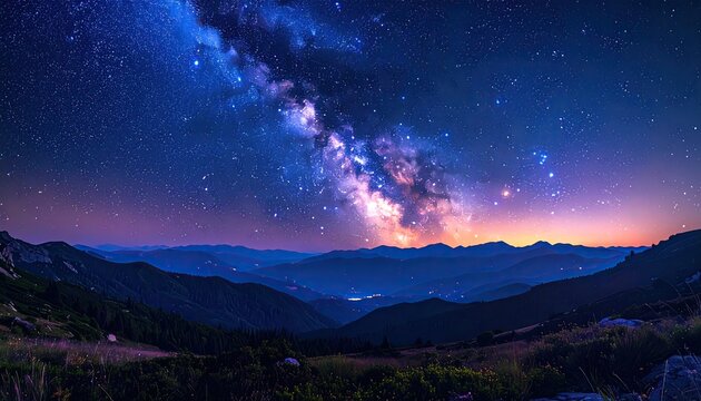 A starry galaxy stretches over mountain ranges at dawn